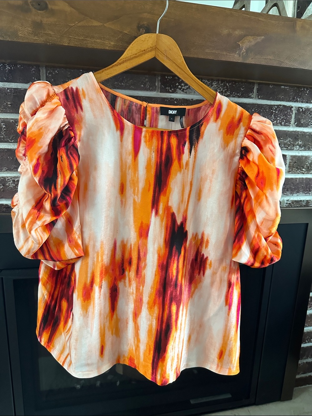 Dkny Orange Multi Puff Sleeve Blouse